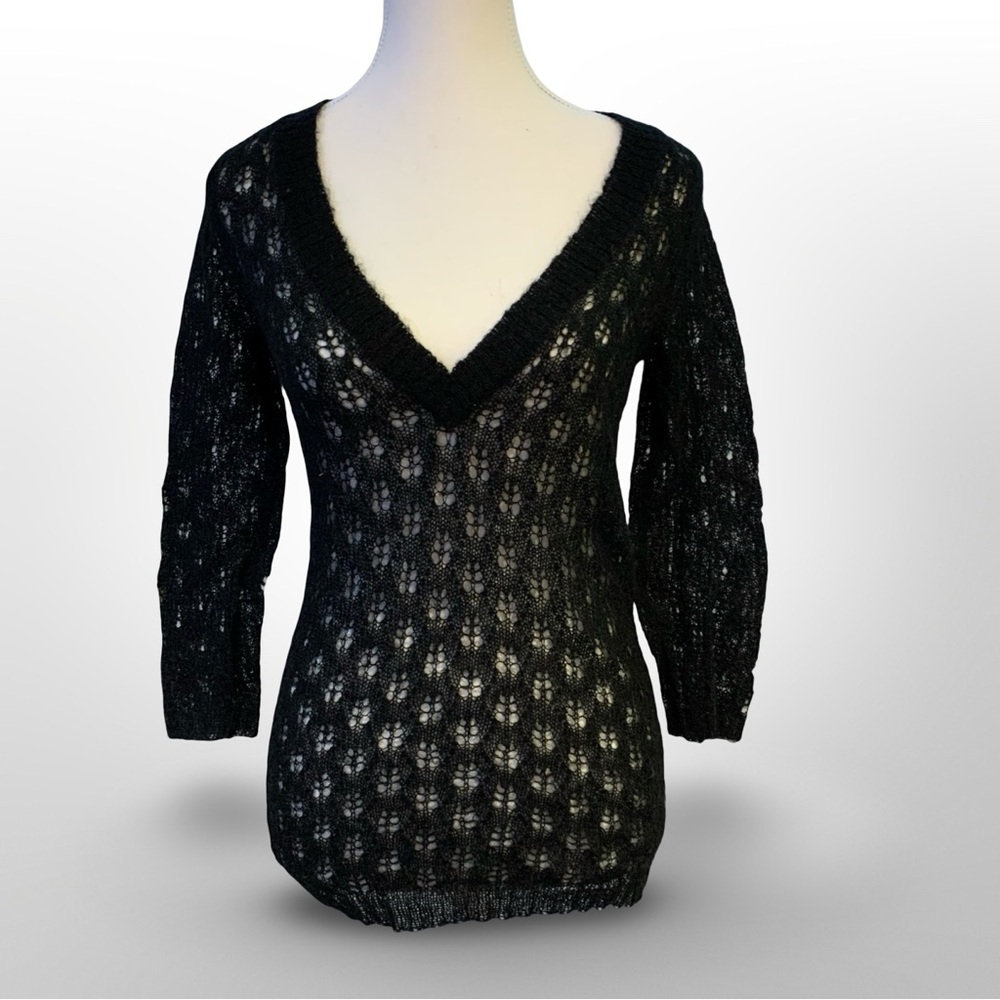 Smart Set Black Sheer Crochet Knit V-Neck Sweater Junior S Whimsigoth